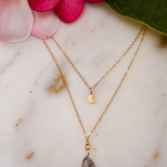 Tourmilated Quartz Crystal Necklace, Double Chain - Picture 4 of 7